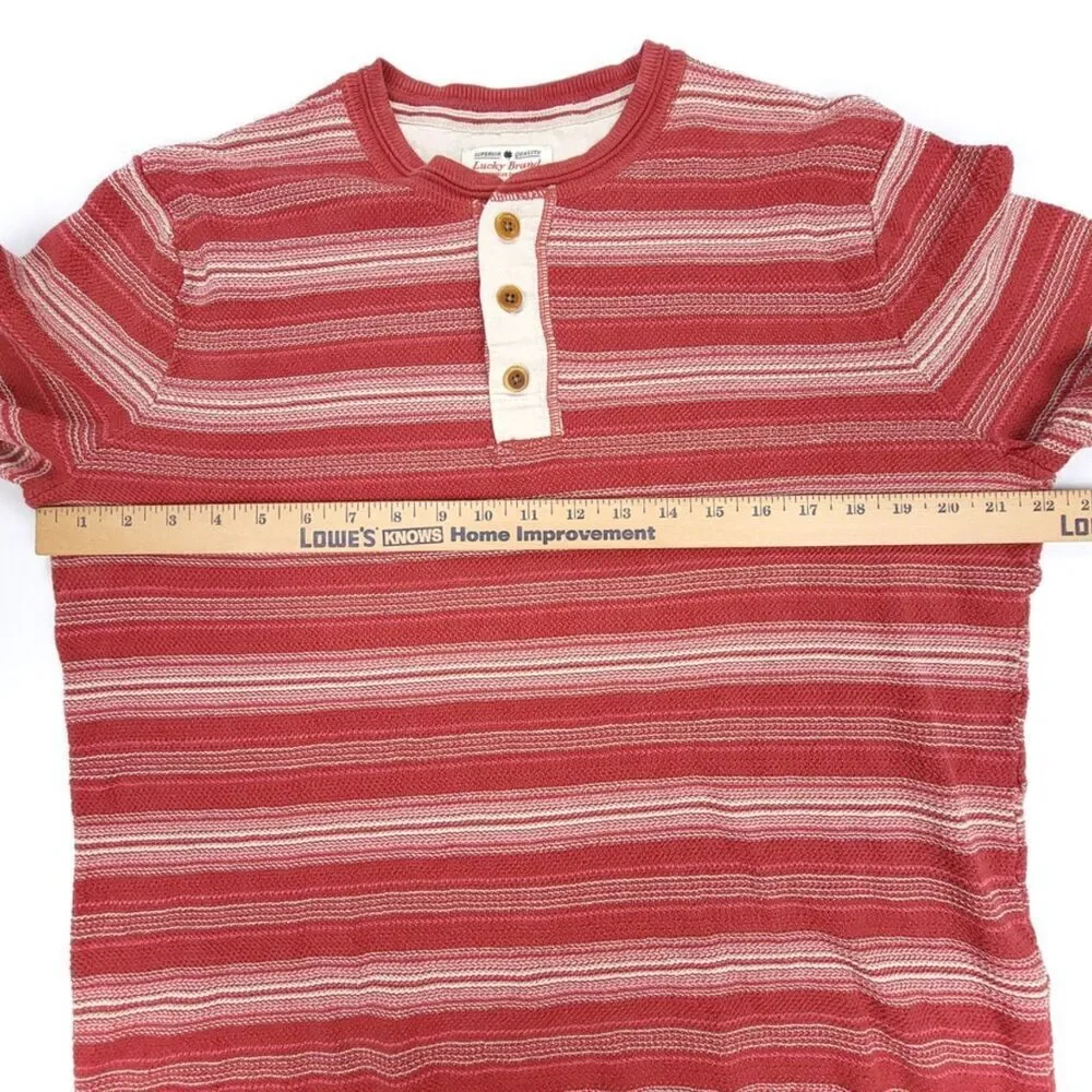 LUCKY BRAND 90s Handcrafted Knit Henley Sweater Mens Large Red Vintage Stripe - Picture 3 of 9